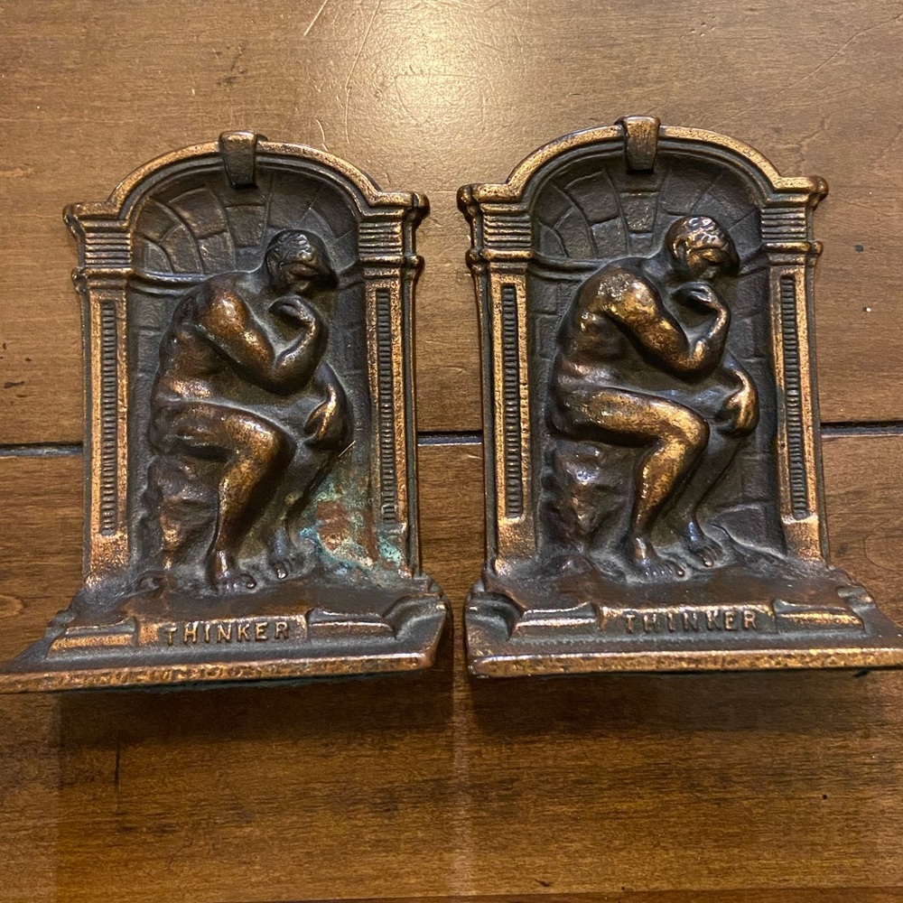 Vintage Antique cast iron Verona “Thinker” art deco bronze statue home bookends